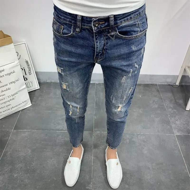 2023 Men's Korean Style Ripped Skinny Jeans | Trendy Blue Summer Cargo Trousers