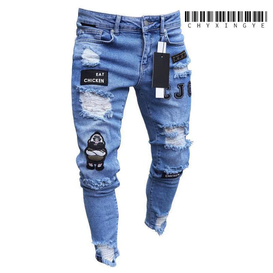 ✨ White Embroidery Skinny Ripped Jeans for Men | Casual Slim Fit Hip Hop Denim Pants 🕶️