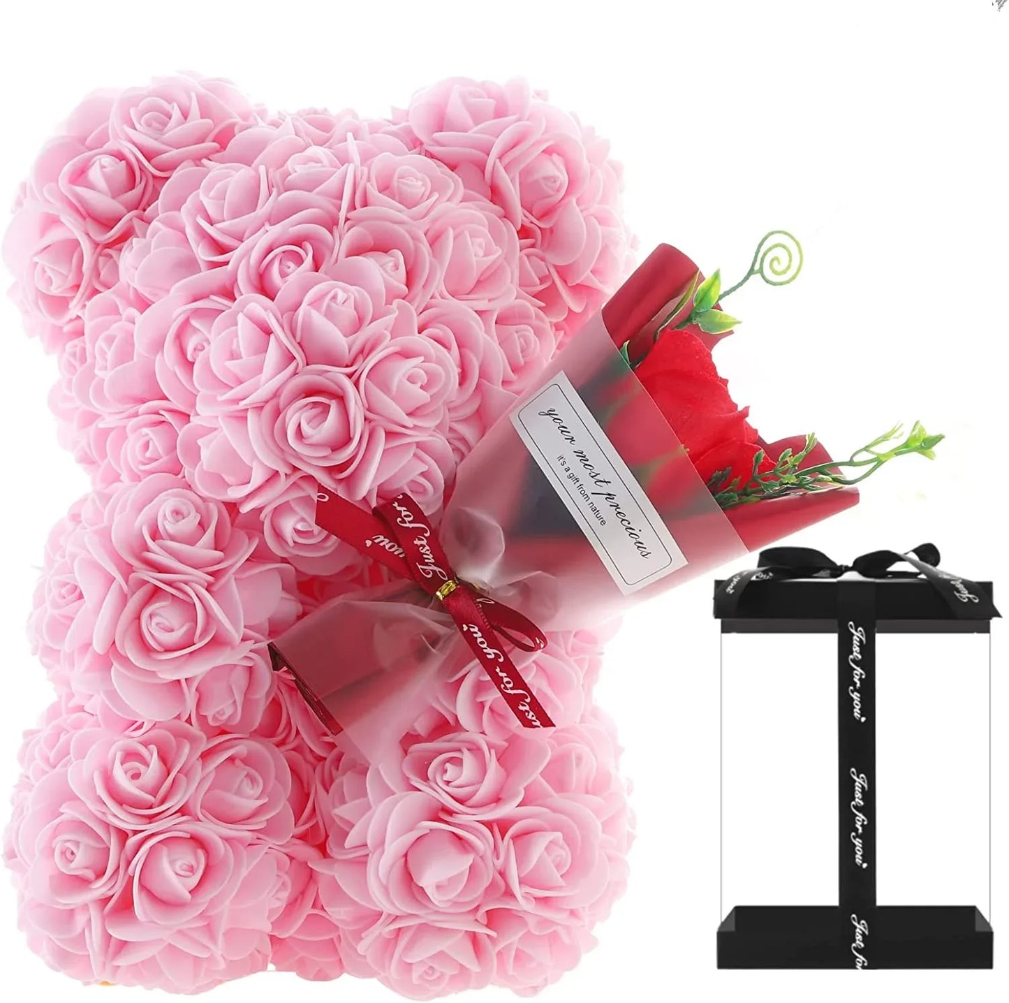 Valentine's Day Gift - 25cm Artificial Rose Bear with Box | Perfect Gift for Girlfriend, Women, Mother's Day, Birthday, Wedding Party