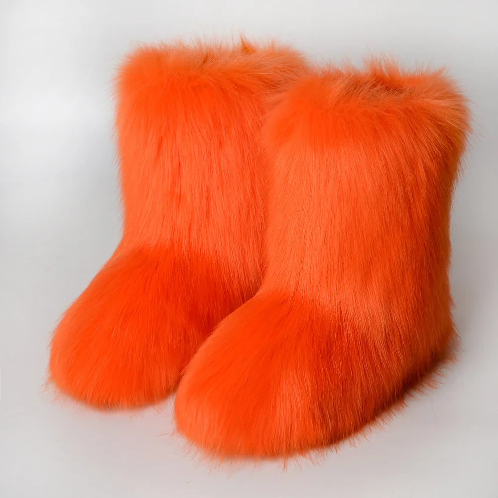 Winter Fur Imitation Raccoon Snow Boots for Women - Bright Colors – Mid-Calf Fluffy Boots with Plush Lining, Flat Heel