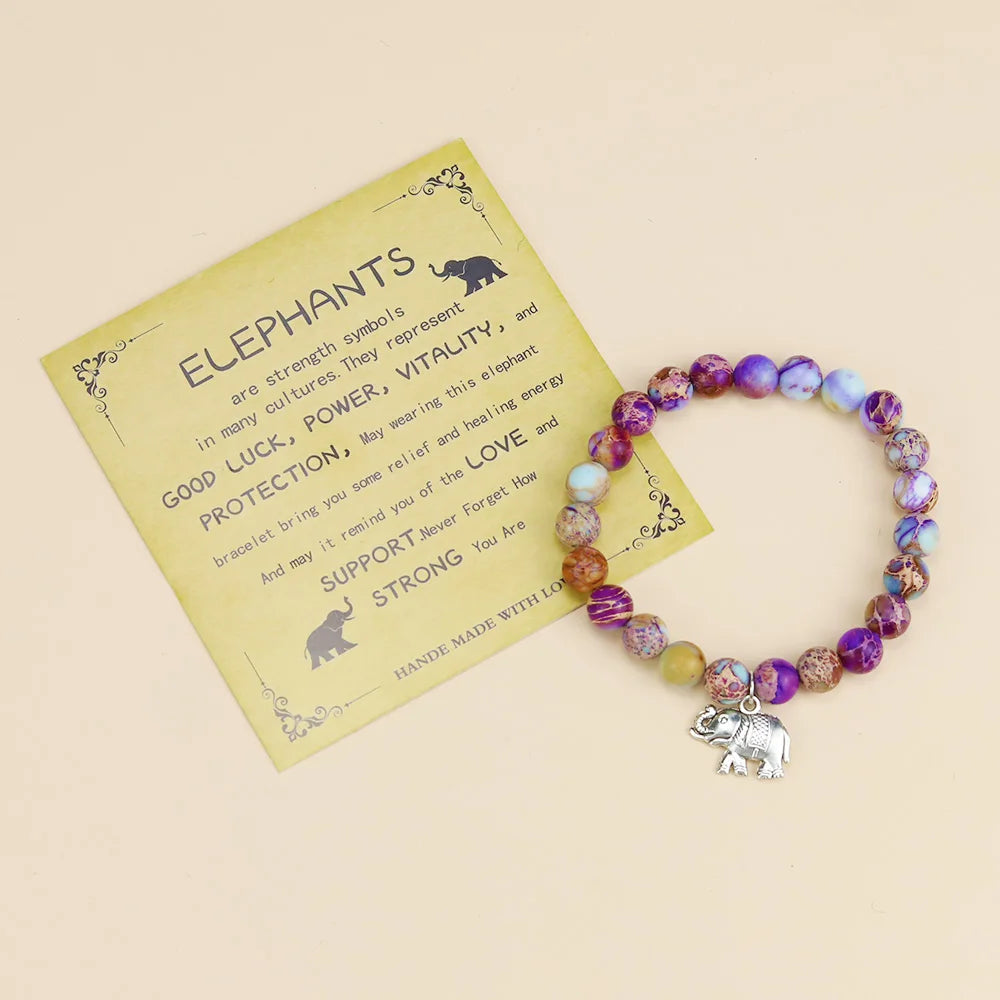 Cache Bracelet - Natural Stone Emperor Bead Bracelet – Pink Zebra Elephant Design with Blessing Card, Women’s Gift