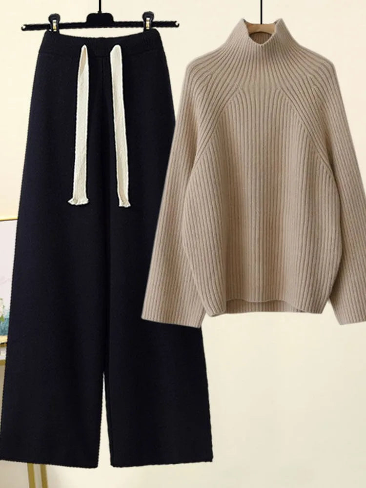 💎 Cozy Winter Knitwear Set for Women | Turtleneck Sweater + High-Waist Wide-Leg Pants 💎