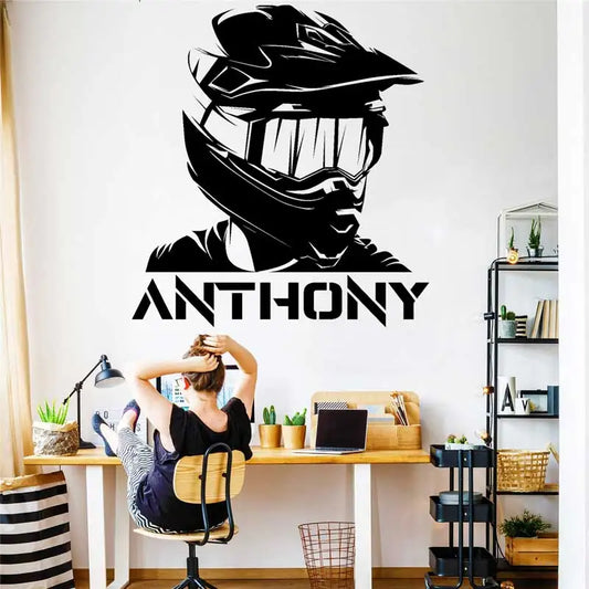 Motorcycle Wall Stickers Personalized Name Motocross Racing Bike Games Helmet Decals Home Boys Room Wall Art Decor Stickers Gift