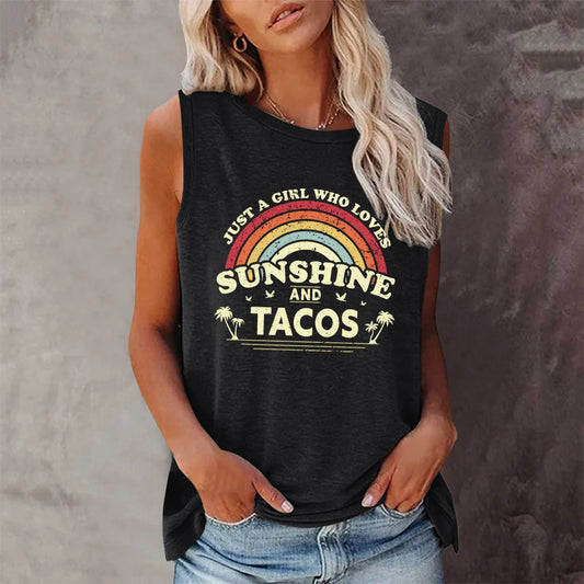 Summer Tee for Women - Sunshine & Tacos Tank Top – Y2K Aesthetic Sleeveless Graphic Tee