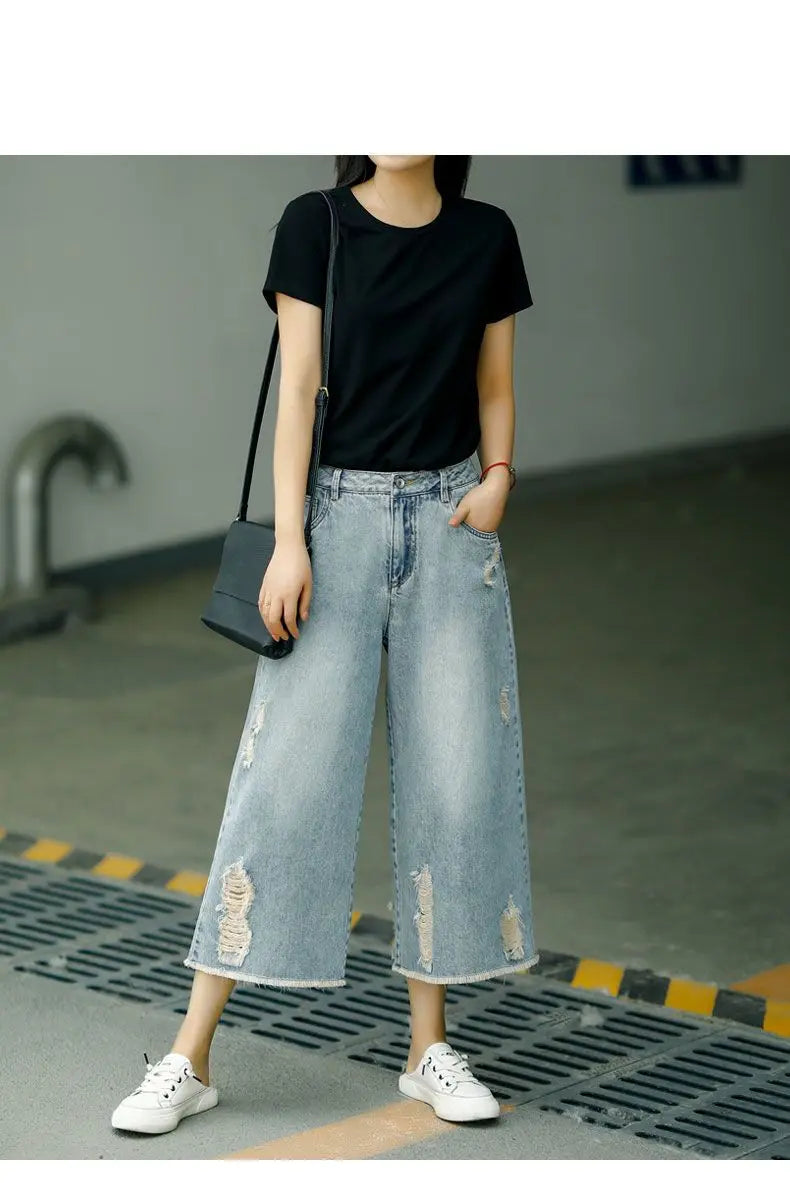 Women's Ripped Capri Jeans - High Waist Baggy Wide Leg Denim Pants - Casual Summer Loose Fit Korean Style