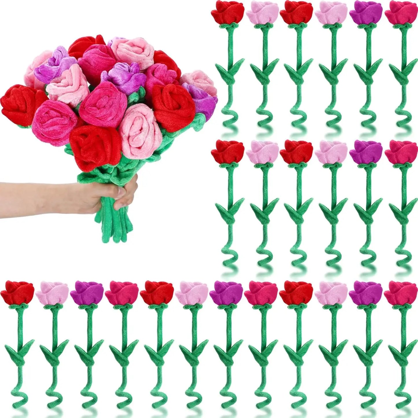 10-30Pcs Plush Rose Flower Bouquet – Soft Stuffed Roses with Bendable Stems, Romantic Gift for Girls & Home Decor