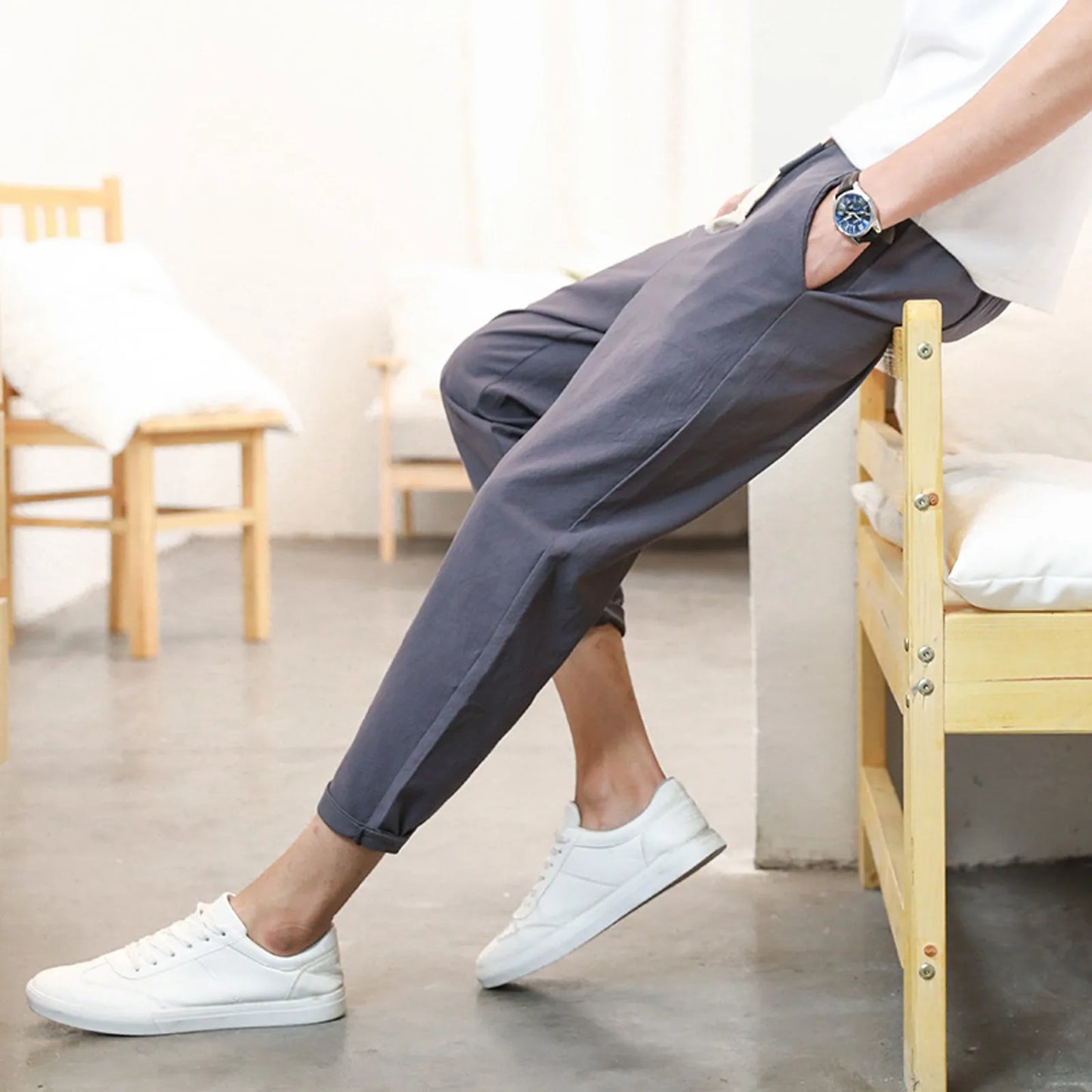 🌿 Men's Solid Color Casual Trousers - Japanese Linen Slim Ankle-Length Pants for Daily Outwear