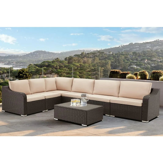 Patio Furniture 7-Piec Set, Rattan Wicker Outdoor Sectional Furnitures Sets, Conversation Sofa Set with Table & Thick Cushion