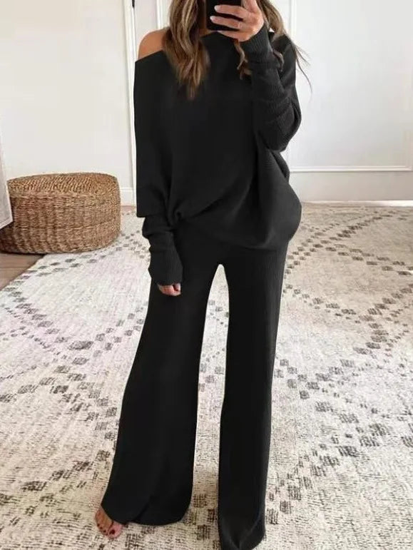 🌟 Women's Elegant 2-Piece Knitted Suit – Long-Sleeved Bateau Collar Top + Wide-Leg Pants  🌟