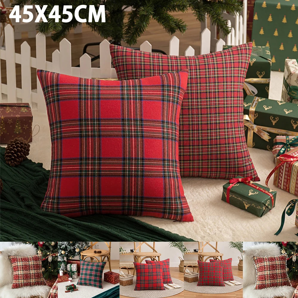 45x45cm Christmas Pillow Cases | Scottish Tartan Plaid Cushion Covers | Snowflake Throw Pillow for Home & Party Decor