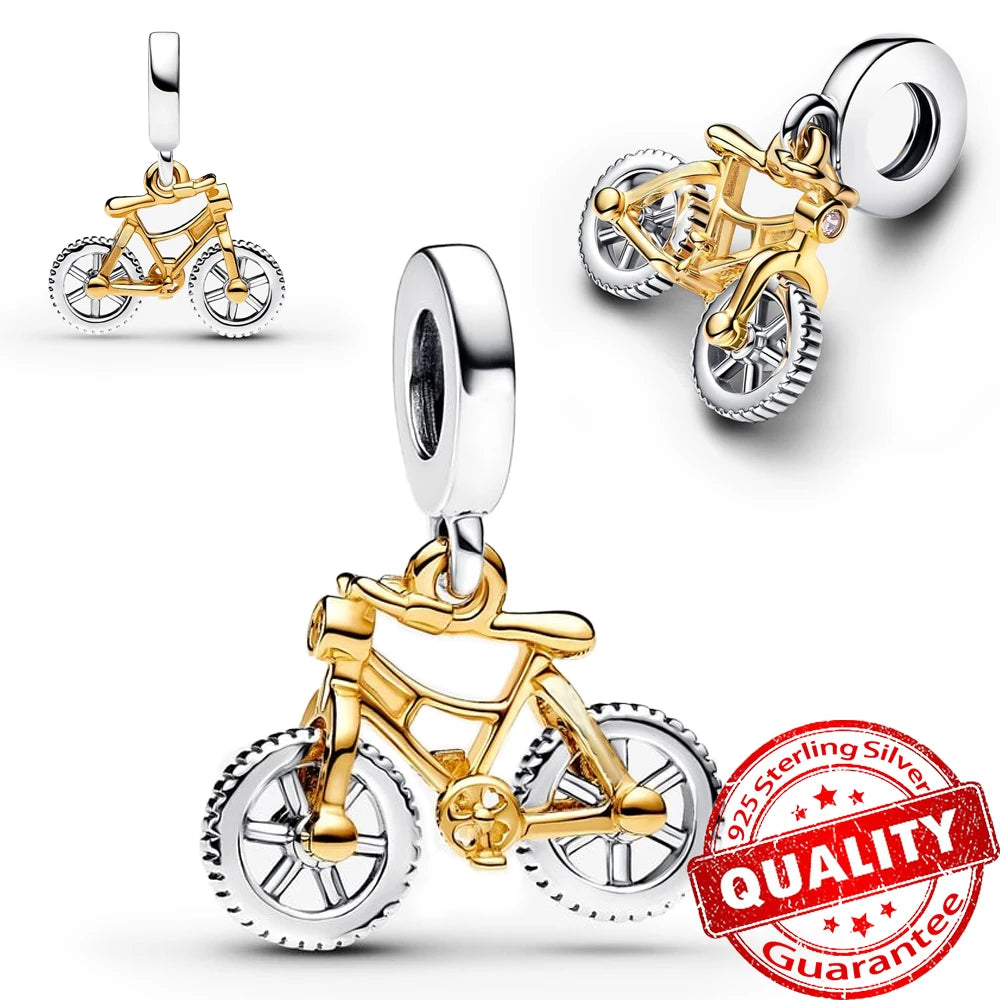 925 Sterling Silver Gold Dangle Charm – Sparkling Monstera Leaf & Spinning Bicycle Charm for Bracelets