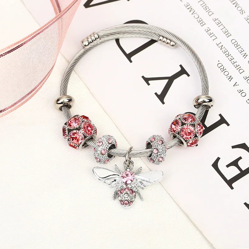 Elegant Bee Charm Bracelet – Titanium Steel Bangle, Crystal Rhinestone, Adjustable Women’s Jewelry Gift