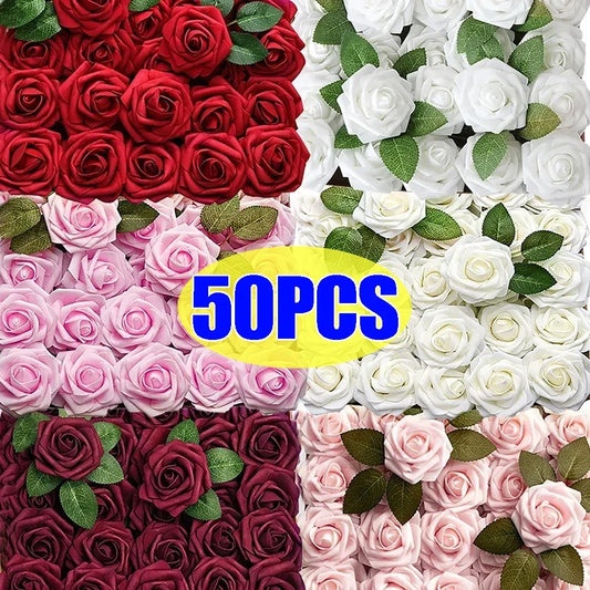 5-50PCS Artificial Foam Roses 🌹 | DIY Wedding Bouquets, Party & Home Décor Flowers