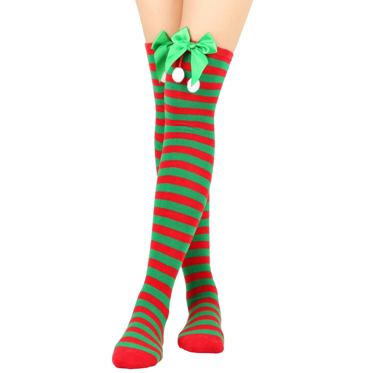 Women Over Knee Socks Christmas Striped Thigh High Stockings | Knee High Socks Cotton Polyester