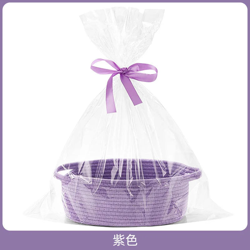 Small Woven Storage Basket w/ Gift Bag & Ribbon – Baby Toy, Diaper Organizer, Durable Rope Basket w/ Handle