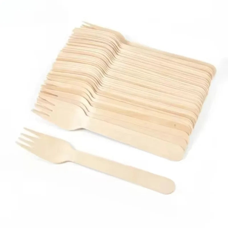 50PCS Disposable Wooden Forks Birthday Party Restaurant Wedding Outdoor Picnic Fast Food Cake Dessert Biodegradable Forks