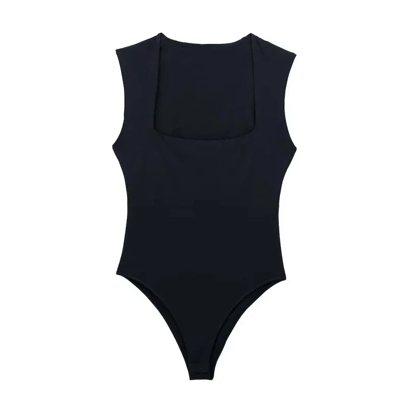 Sexy Black Sleeveless Bodysuit for Women – White Square Neck One-Piece Bodysuit | Summer Lingerie & Slim Fit