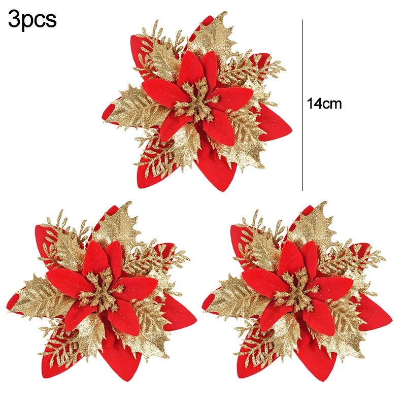 3Pcs 14cm Glitter Red & Gold Christmas Flowers | Artificial Berry Flower Heads for DIY Xmas Tree Decor & Home New Year