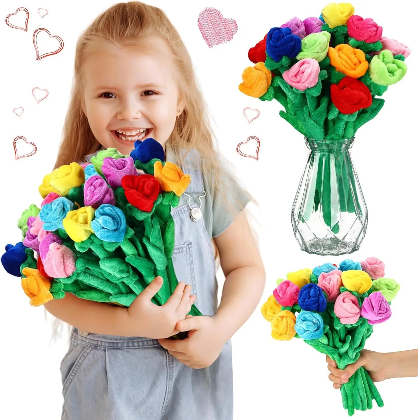 10-30Pcs Plush Rose Flower Bouquet – Soft Stuffed Roses with Bendable Stems, Romantic Gift for Girls & Home Decor