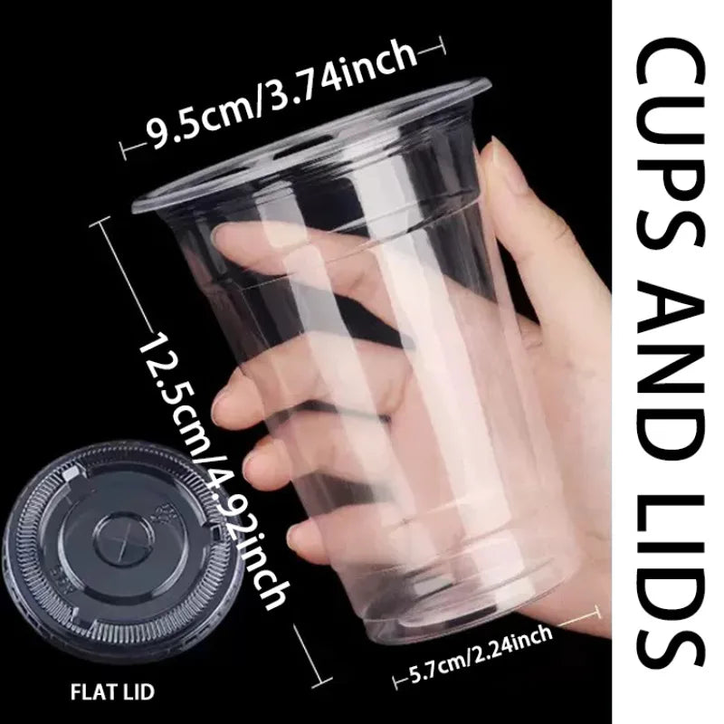 50PCS 16oz Clear Plastic Cups with Flat Lids | Disposable Drinking Cups for Parties, Weddings & Events | Bulk Ice Coffee Milkshake Cups