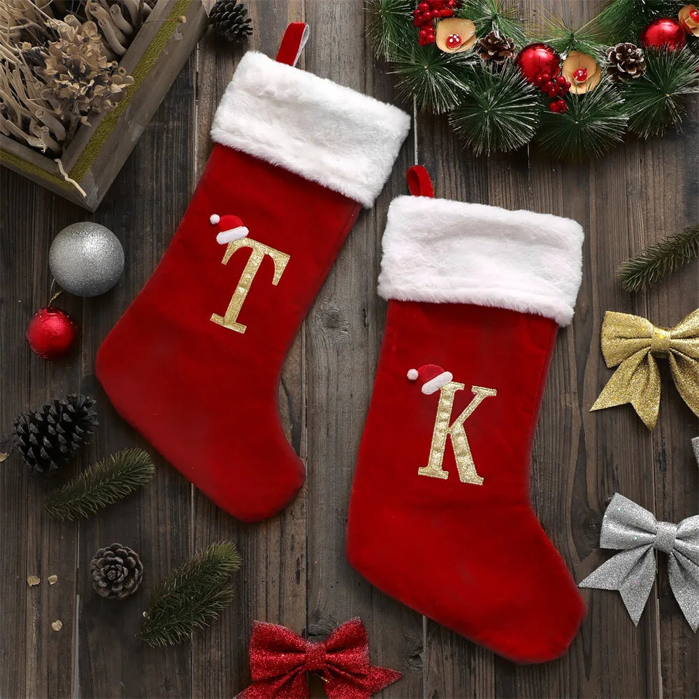 50cm Large Embroidered Monogram Christmas Stocking | Soft Red Xmas Sock for Holiday Family Decor & Fireplace