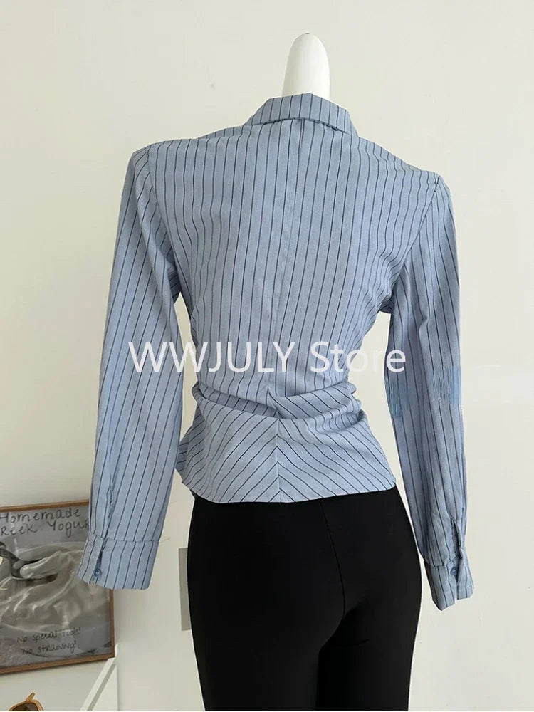 Women Stylish Korean Vintage Striped Shirts Long Sleeve Blouses: