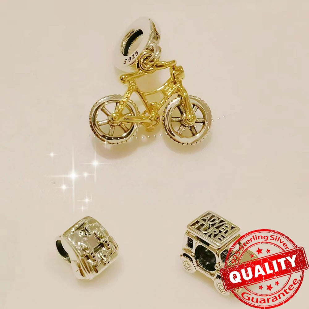 925 Sterling Silver Gold Dangle Charm – Sparkling Monstera Leaf & Spinning Bicycle Charm for Bracelets