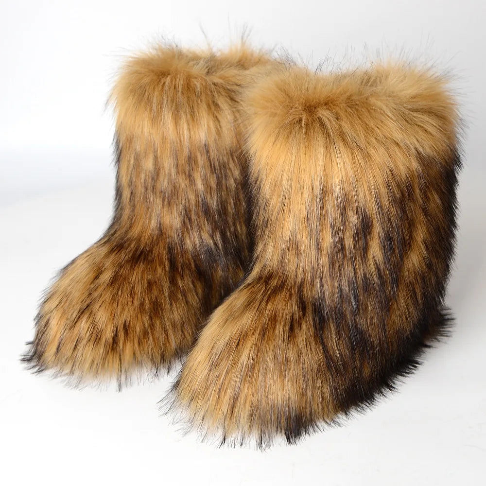 Winter Fur Imitation Raccoon Snow Boots for Women - Bright Colors – Mid-Calf Fluffy Boots with Plush Lining, Flat Heel