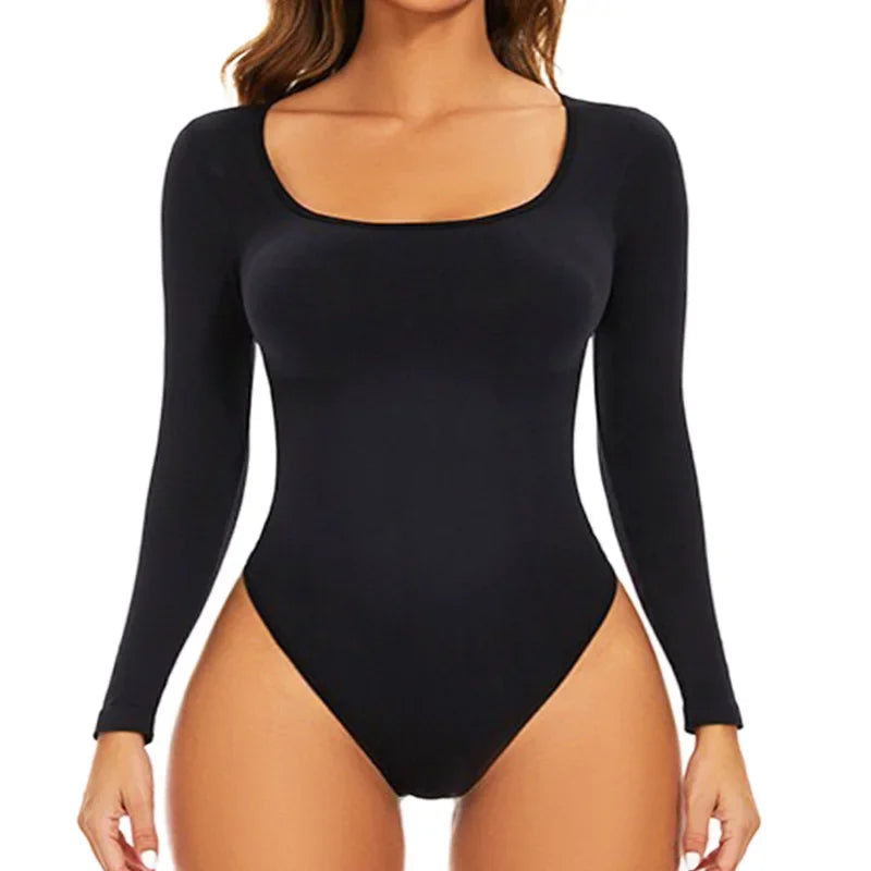 Spandex Elastic Bodysuit Shapewear for Women – Tummy Control, Long Sleeve, Open Crotch, Big U Neck Seamless Shapers, Waist Trainer