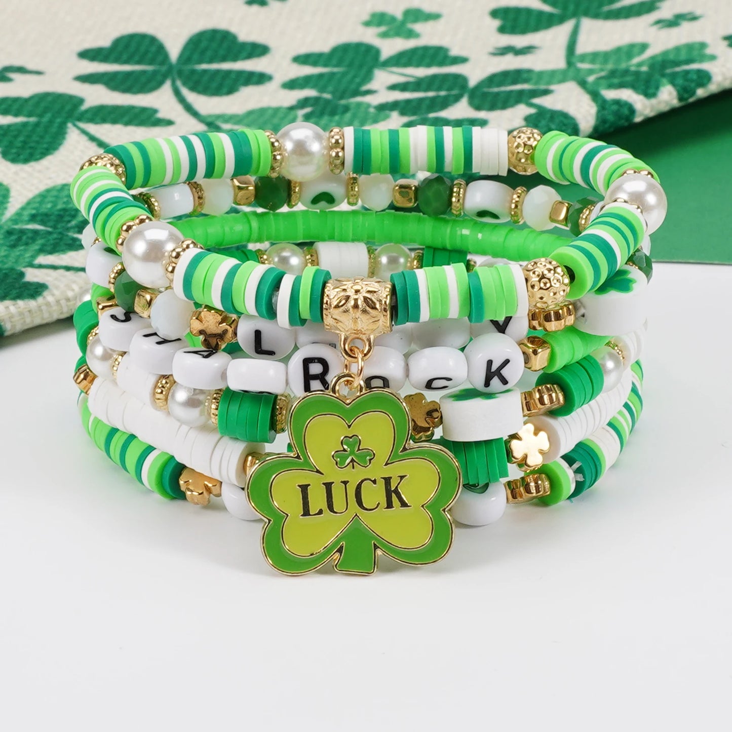 Green Shamrock Leaf Bracelet, Beaded Charm Stretch Bracelet For Women, St. Patricks Day Bracelet