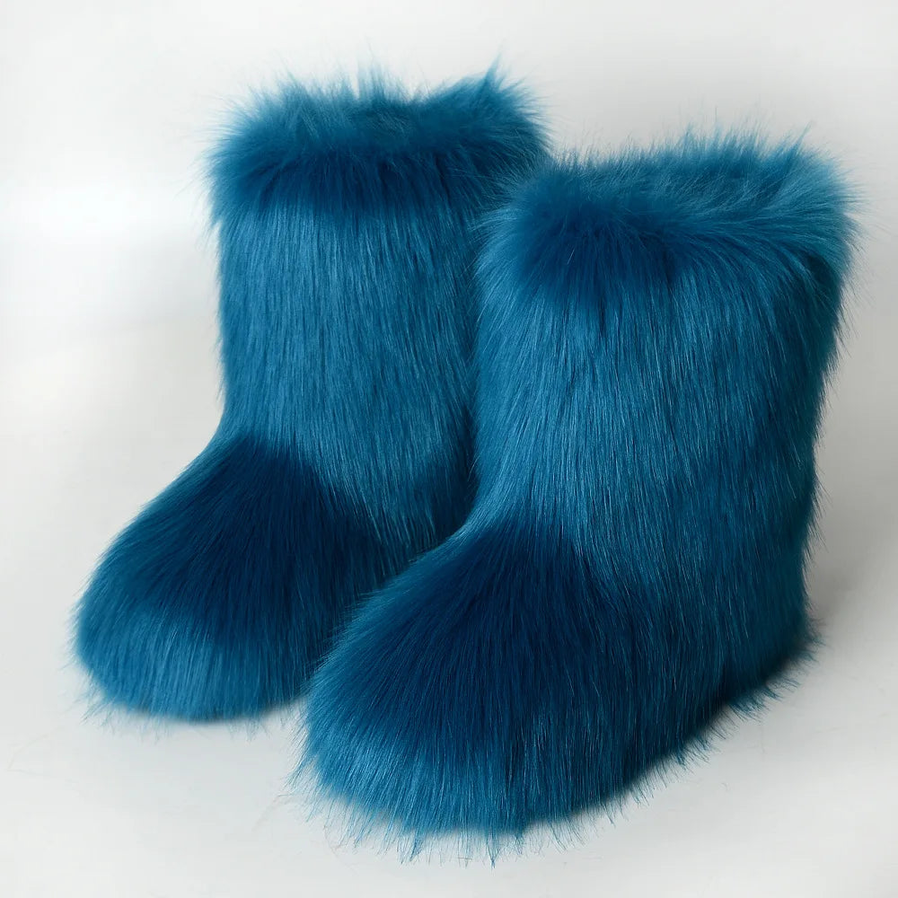 Winter Fur Imitation Raccoon Snow Boots for Women - Bright Colors – Mid-Calf Fluffy Boots with Plush Lining, Flat Heel