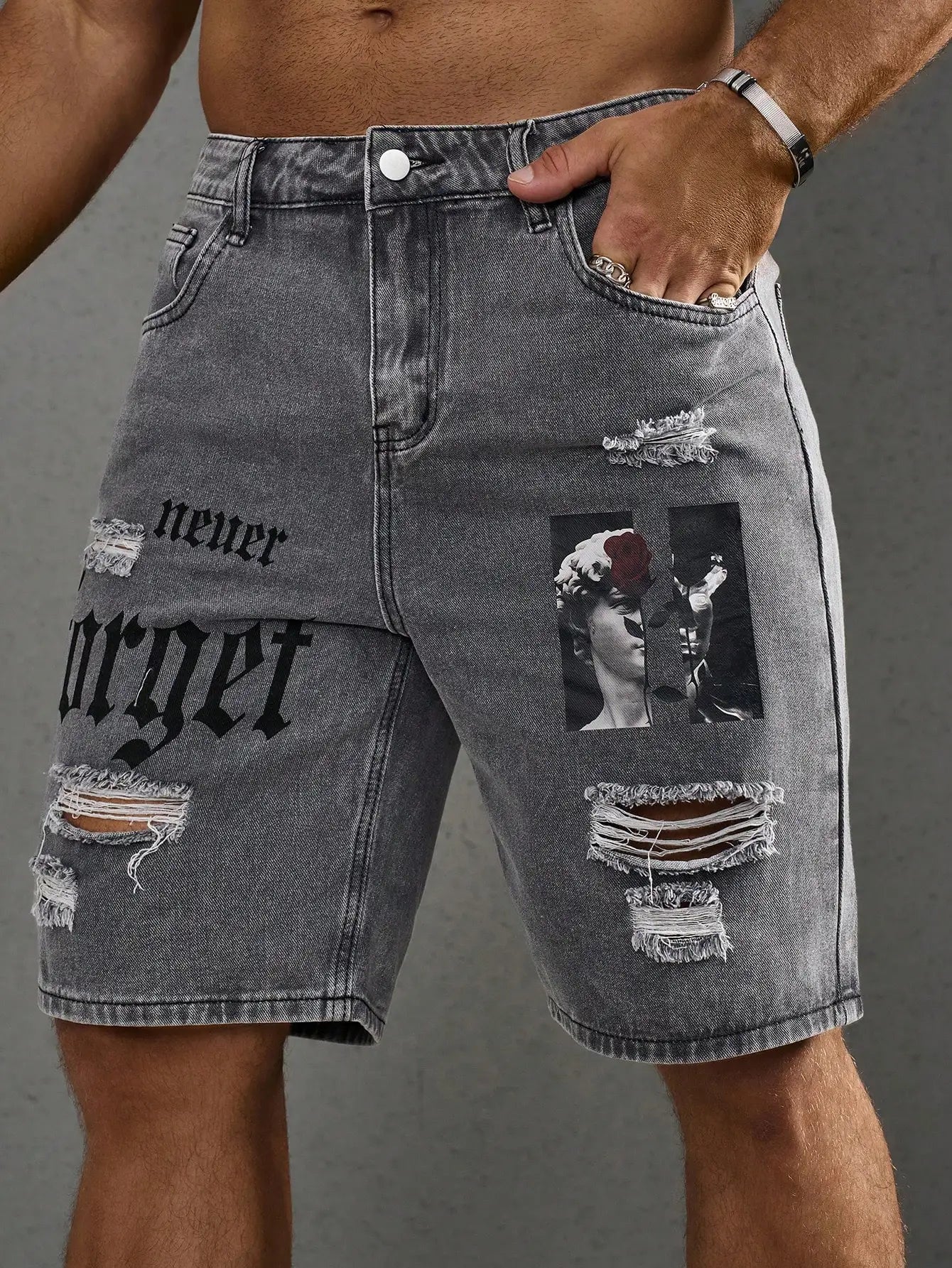 Men Summer Stretchy Denim Shorts Jeans For Men Streetwear Letter Ripped Knee length Baggy Comfort Cargo Casual Shorts Pants Jean