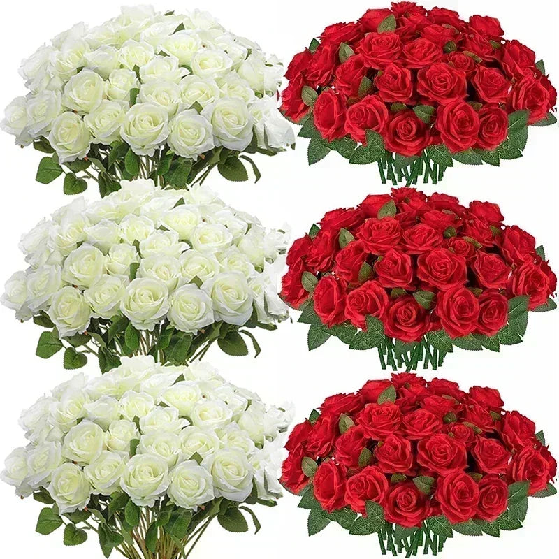 50PCS Artificial Silk Roses Bouquet | Realistic Fake Flowers for Home, Wedding & Party Decor