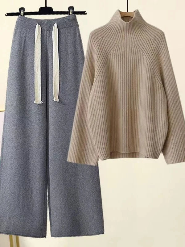 💎 Cozy Winter Knitwear Set for Women | Turtleneck Sweater + High-Waist Wide-Leg Pants 💎