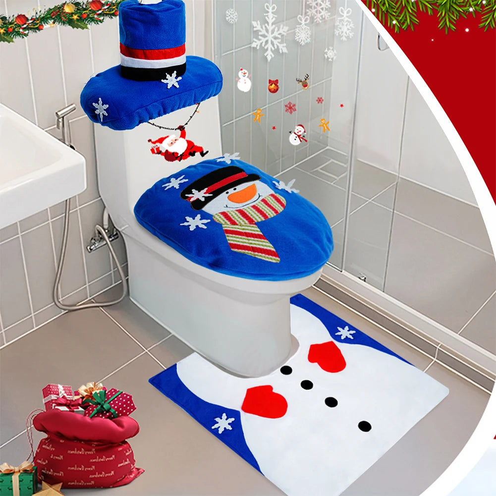 3pcs Christmas Toilet Cover Set | Bathroom Decor with Anti-Slip Bath Mat & Santa Tissue Cover | Holiday Home Decoration 2024