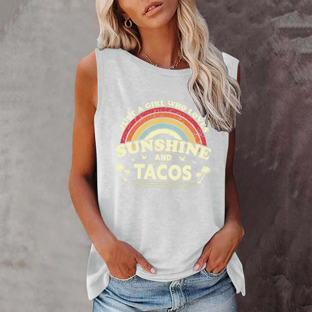 Summer Tee for Women - Sunshine & Tacos Tank Top – Y2K Aesthetic Sleeveless Graphic Tee