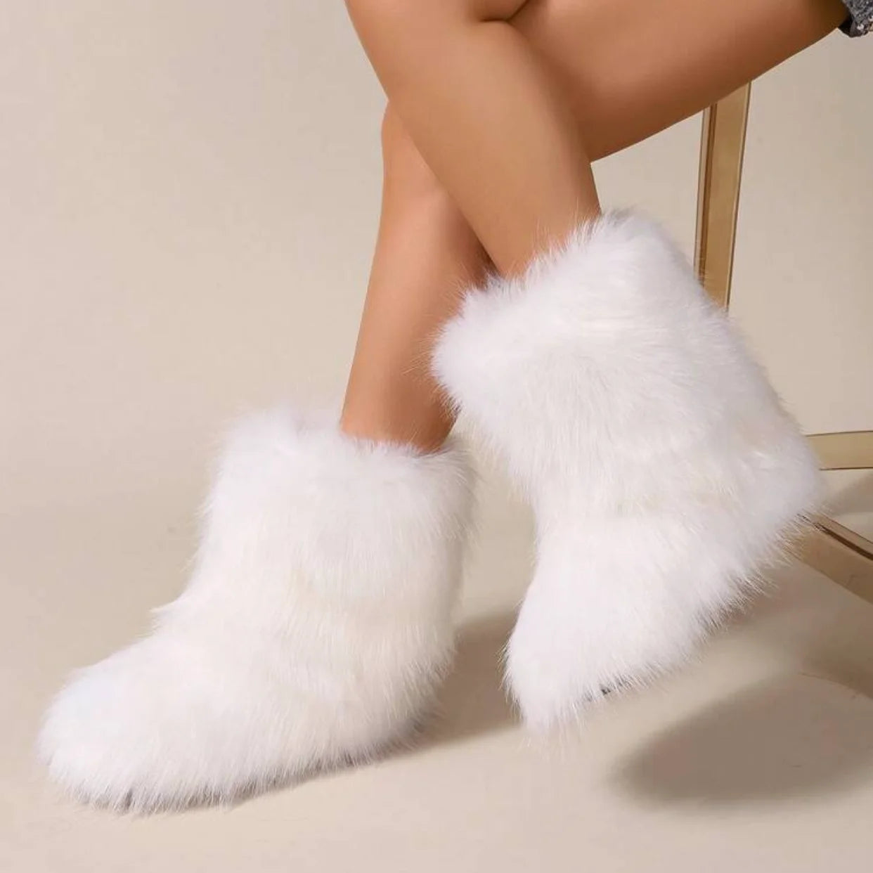 Winter Fur Imitation Raccoon Snow Boots for Women - Bright Colors – Mid-Calf Fluffy Boots with Plush Lining, Flat Heel