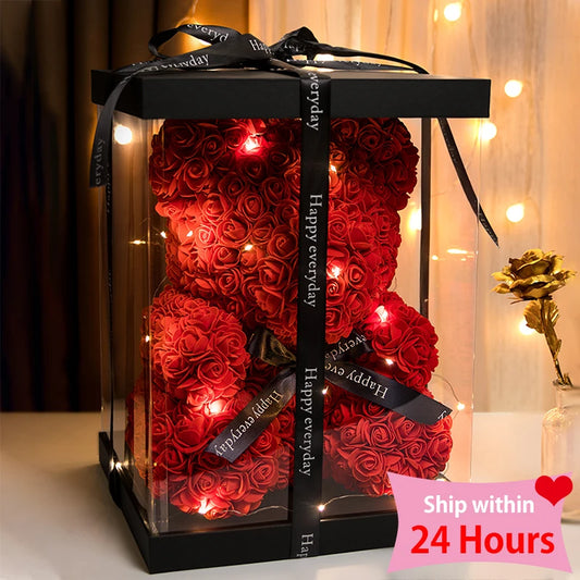 Valentine's Day Rose Bear with Gift Box and Lights – Eternal Love Teddy Bear for Women & Girlfriend