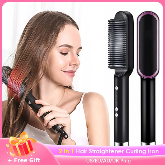 2 In 1 Hair Straightening Brush - Negative Ion Heating Comb & Curler