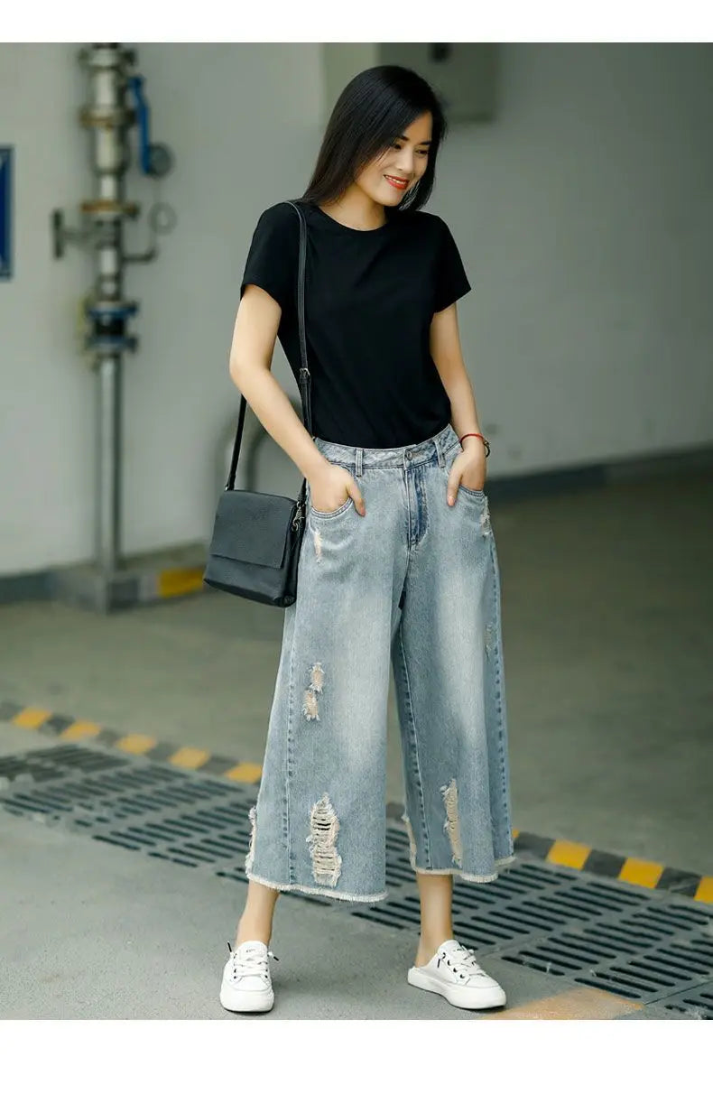 Women's Ripped Capri Jeans - High Waist Baggy Wide Leg Denim Pants - Casual Summer Loose Fit Korean Style