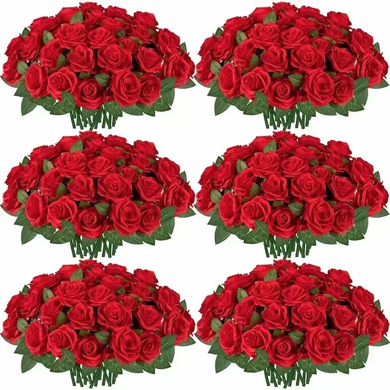 100PCS Artificial Silk Roses 🌹 | Realistic Fake Flower Bouquet for Wedding, Party & Home Décor