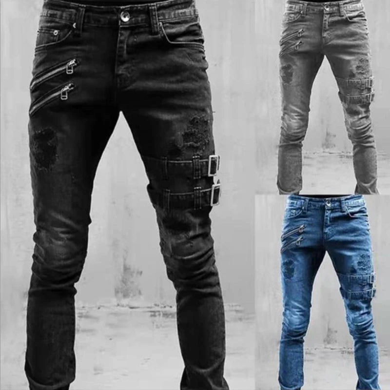 Men's Street Skinny Ripped Jeans Y2K Denim Cargo Pants Mid Waist Joggers Hip Hop Slim Fit Trousers