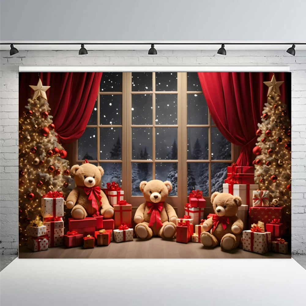 Christmas Tree Party Backdrop Winter Xmas Tree Window Red Curtains Candle Bear Gifts decor Baby Family Portrait Photo Background