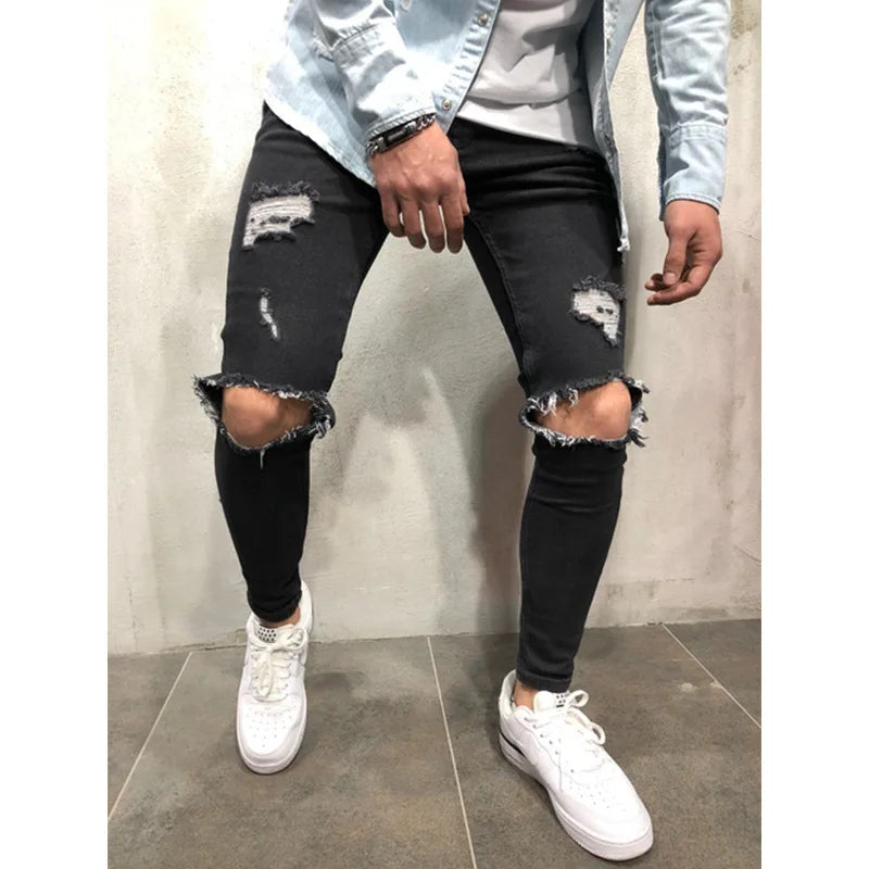 Men's High-Waisted Ripped Jeans 👖 Slim-Fit Stretch Denim Pants – Casual Pencil Trousers