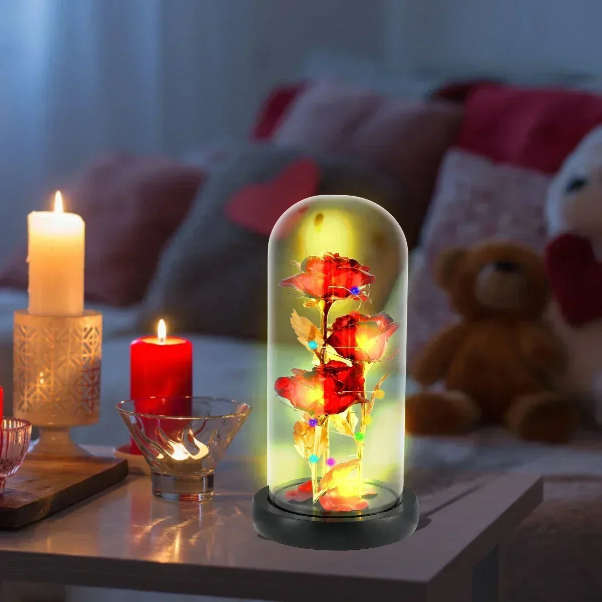 Enchanted Rose in Glass Dome with LED Lights – Artificial Flower Gift for Christmas, Beauty and the Beast, Valentine's Day