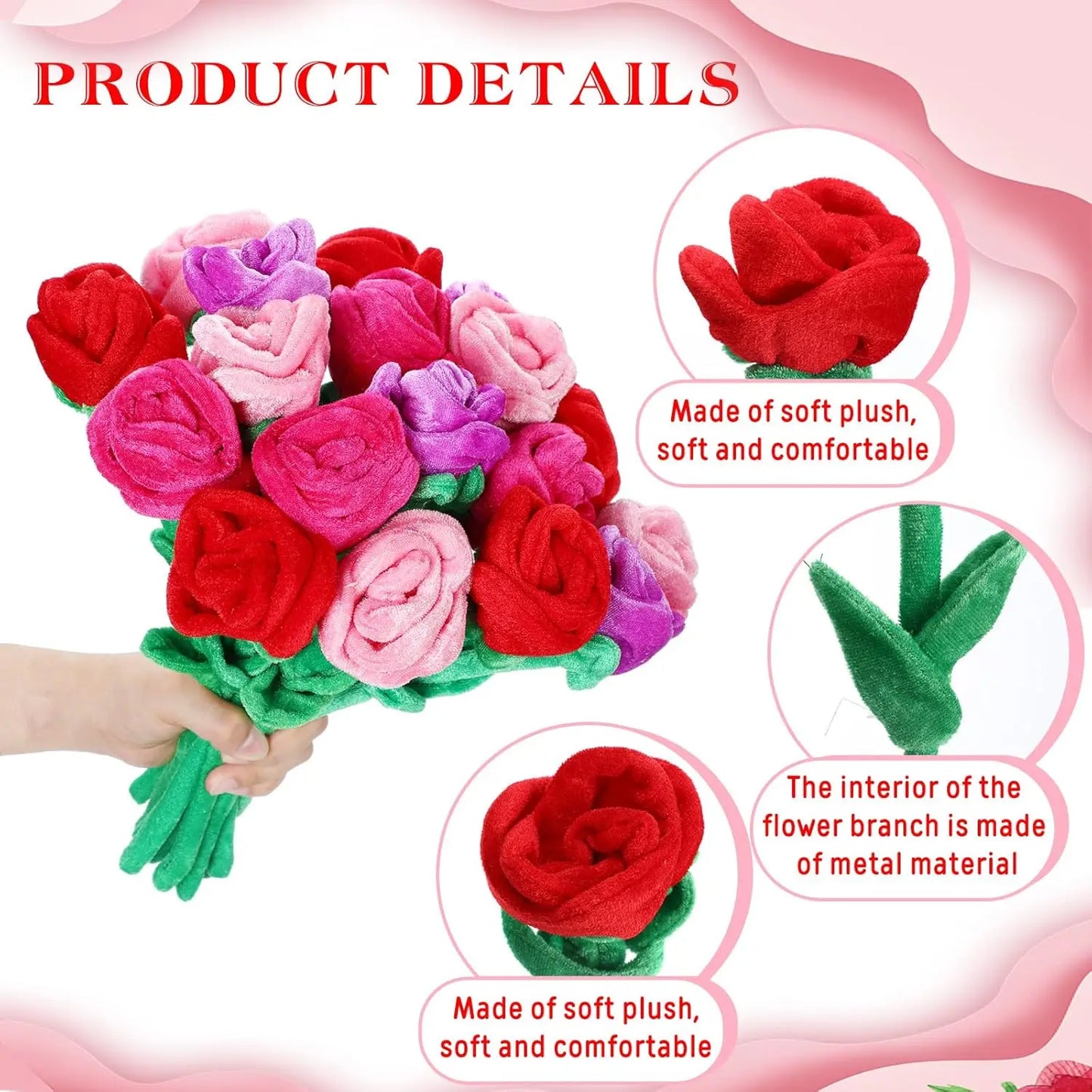 10-30Pcs Plush Rose Flower Bouquet – Soft Stuffed Roses with Bendable Stems, Romantic Gift for Girls & Home Decor