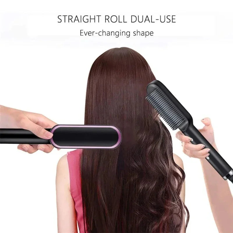 2 In 1 Hair Straightening Brush - Negative Ion Heating Comb & Curler