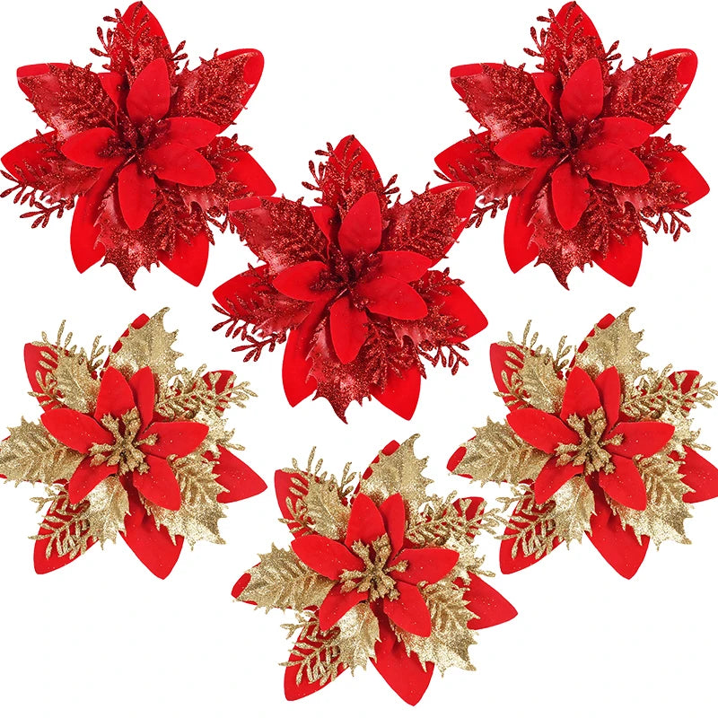 3Pcs 14cm Glitter Red & Gold Christmas Flowers | Artificial Berry Flower Heads for DIY Xmas Tree Decor & Home New Year