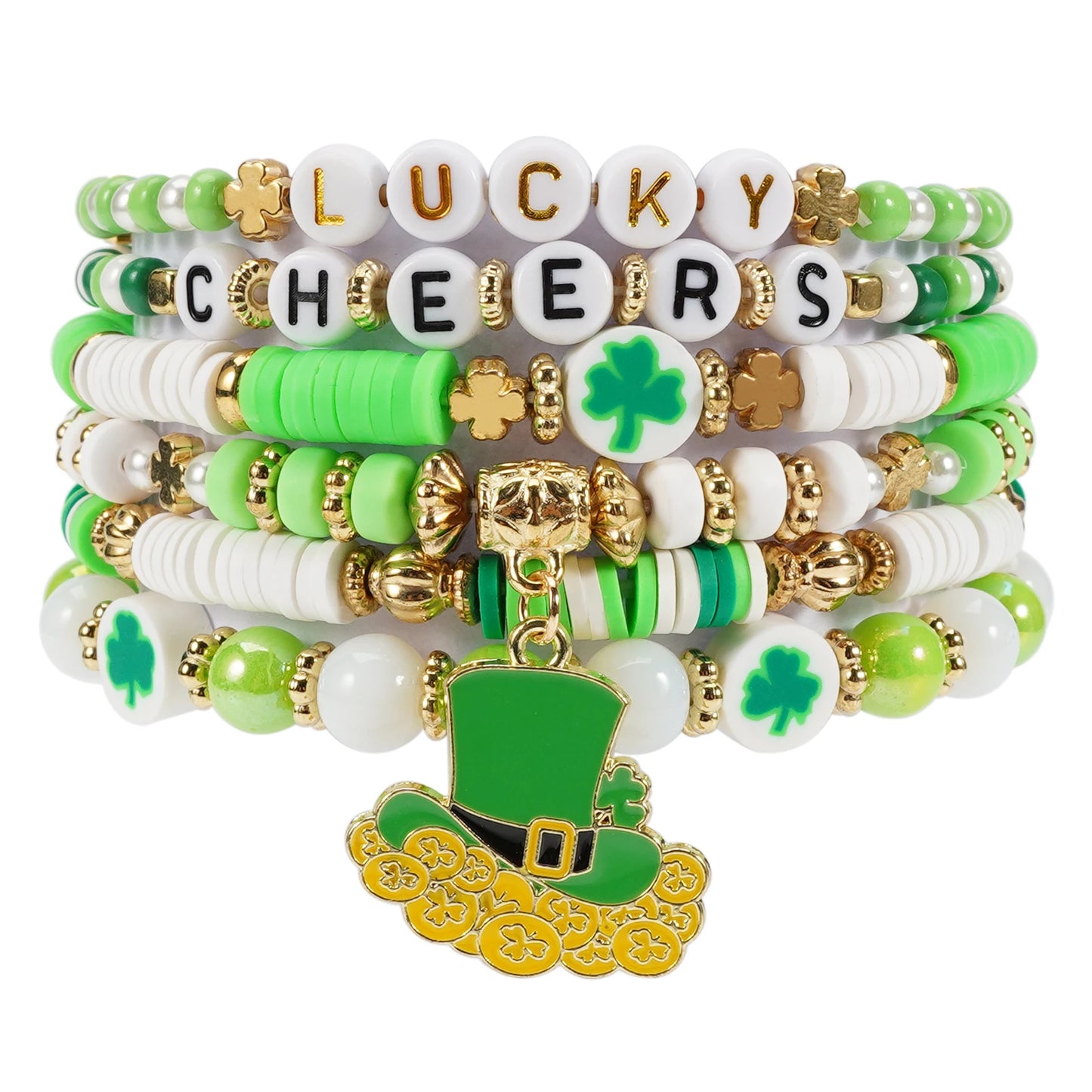 Green Shamrock Leaf Bracelet, Beaded Charm Stretch Bracelet For Women, St. Patricks Day Bracelet