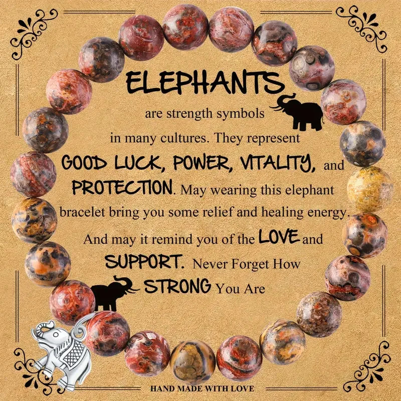 Cache Bracelet - Natural Stone Emperor Bead Bracelet – Pink Zebra Elephant Design with Blessing Card, Women’s Gift